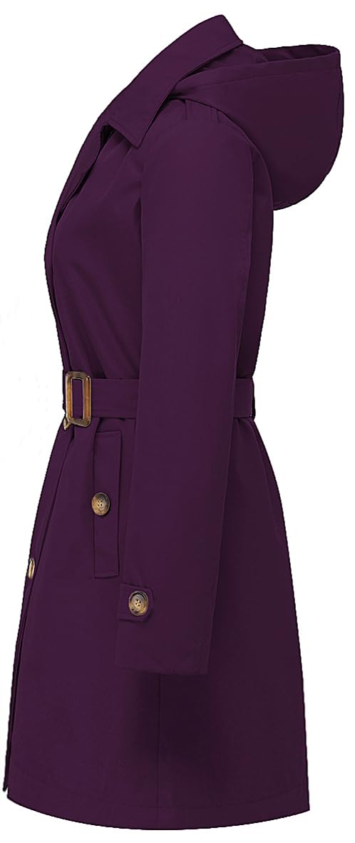 Women's Double Breasted Long Trench Coats Mid-Length Belted Overcoat Dress Jacket with Detachable Hood