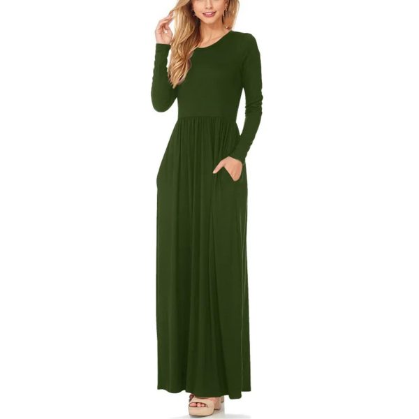 Women's Maxi Dress Spring Casual Solid Adies Long Sleeve Pocket Floor Length Dress Fashion O Neck Female Long Skirts