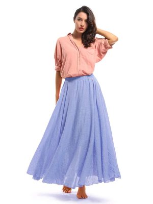 Women's Girls Elastic Waist Long Flowy Bohemian Cotton Casual Maxi Skirt for Summer Beach Holiday
