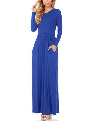 Women's Maxi Dress Spring Casual Solid Adies Long Sleeve Pocket Floor Length Dress Fashion O Neck Female Long Skirts