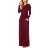 Women's Maxi Dress Spring Casual Solid Adies Long Sleeve Pocket Floor Length Dress Fashion O Neck Female Long Skirts