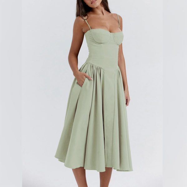 Women’s Corset Dress Sexy Spaghetti Strap Bustier Midi Dress Low Cut Flowy Pleated Hem Formal Dresses with Pockets