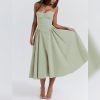 Women’s Corset Dress Sexy Spaghetti Strap Bustier Midi Dress Low Cut Flowy Pleated Hem Formal Dresses with Pockets
