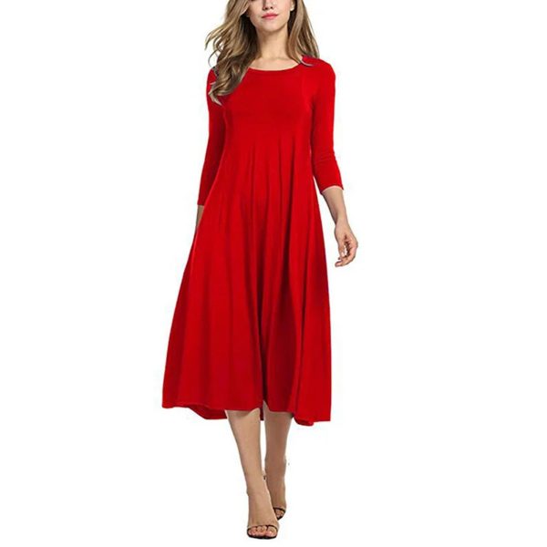 Women Spring Solid Party Dress Casual Vestidos Robes Long Dresses for O-Neck Long Sleeves Dress