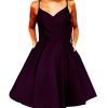 Women's Satin Suspender Skirt V-Neck Homecoming Dresses A-line Pocket Party Dress Grape Purple