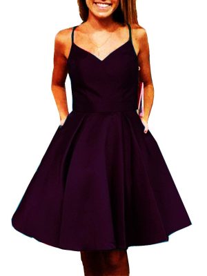 Women's Satin Suspender Skirt V-Neck Homecoming Dresses A-line Pocket Party Dress Grape Purple