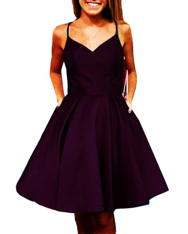Women's Satin Suspender Skirt V-Neck Homecoming Dresses A-line Pocket Party Dress Grape Purple