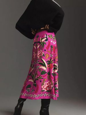 Womens Skirt Midi Skirt Tropical Plant Print Pink Zipper A-Line Long Skirts Spring Summer Skirt Floral