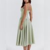 Women’s Corset Dress Sexy Spaghetti Strap Bustier Midi Dress Low Cut Flowy Pleated Hem Formal Dresses with Pockets