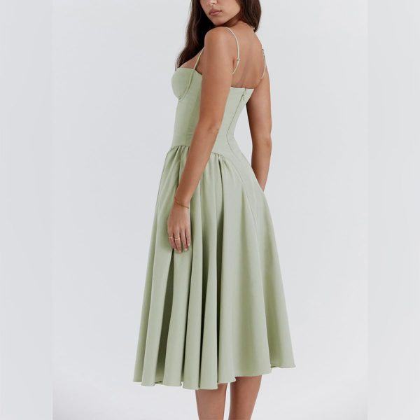 Women’s Corset Dress Sexy Spaghetti Strap Bustier Midi Dress Low Cut Flowy Pleated Hem Formal Dresses with Pockets