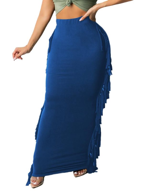 Women's Elastic Waist Slim Sexy Bodycon Skirts Party Club Night Out Long Pencil Maxi Skirt with Side Tassels