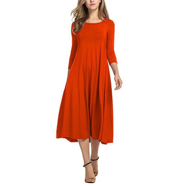 Women Spring Solid Party Dress Casual Vestidos Robes Long Dresses for O-Neck Long Sleeves Dress
