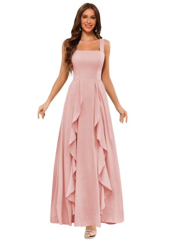 Ruffle Chiffon Bridesmaid Dresses Long with Pockets 2025 Square Neck Evening Gown with Slit for Women CY029