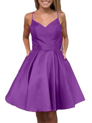 Women's Satin Suspender Skirt V-Neck Homecoming Dresses A-line Pocket Party Dress Purple