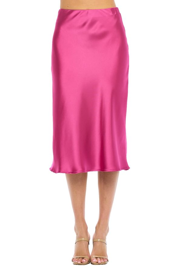 Women Solid High Waist Silky Casual Elastic Satin Midi Skirt -Made in USA (Available in Plus Size)