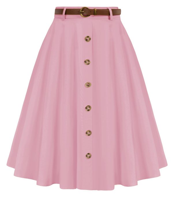 Women's Vintage Stretch High Waist A-Line Flared Midi Skirts with Pockets & Belts