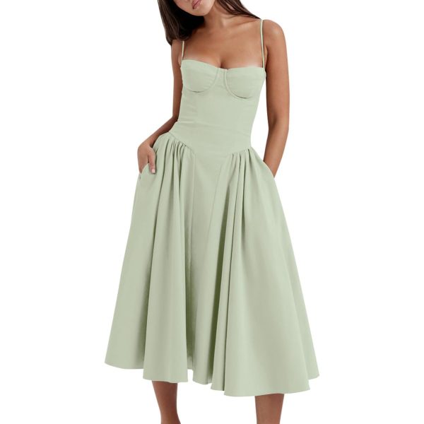 Women’s Corset Dress Sexy Spaghetti Strap Bustier Midi Dress Low Cut Flowy Pleated Hem Formal Dresses with Pockets