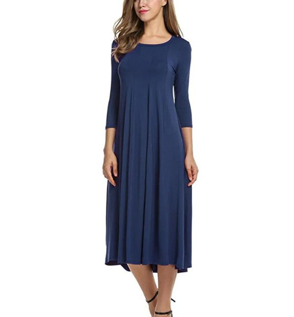 Women Spring Solid Party Dress Casual Vestidos Robes Long Dresses for O-Neck Long Sleeves Dress
