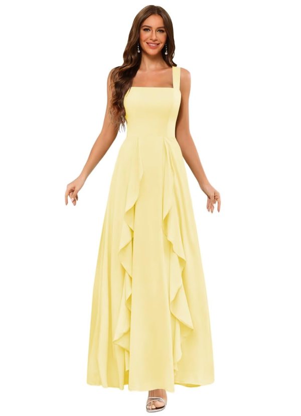 Ruffle Chiffon Bridesmaid Dresses Long with Pockets 2025 Square Neck Evening Gown with Slit for Women CY029