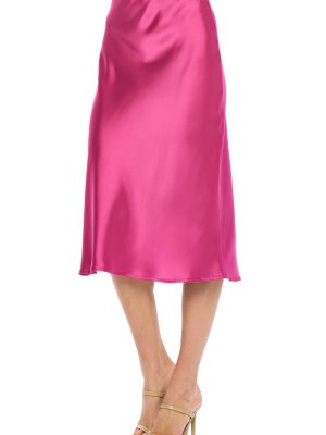 Women Solid High Waist Silky Casual Elastic Satin Midi Skirt -Made in USA (Available in Plus Size)