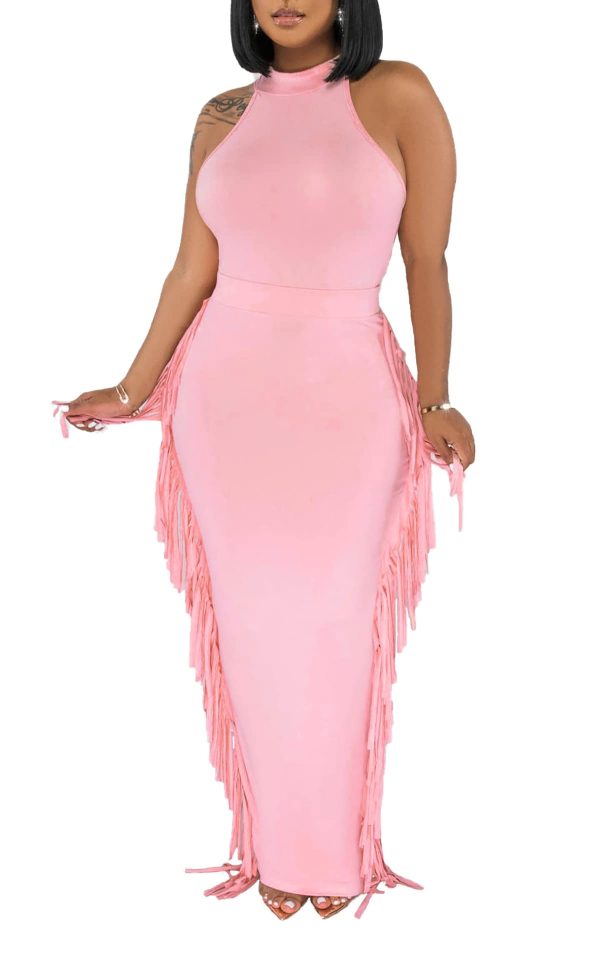 2 Piece Outfits for Women Sexy Crop Top Ruched Bodycon Maxi Dresses Fringe Skirt Sets Night Club Jumpsuits