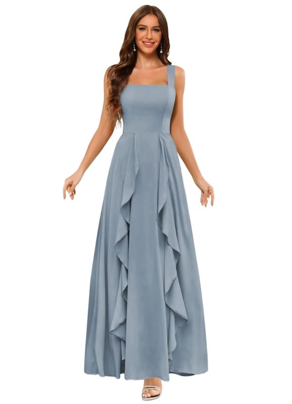 Ruffle Chiffon Bridesmaid Dresses Long with Pockets 2025 Square Neck Evening Gown with Slit for Women CY029