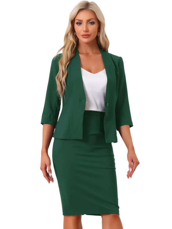 Business Skirt Suit Set for Women's 2 Piece Office Work Outfit Collarless Blazer Pencil Skirt