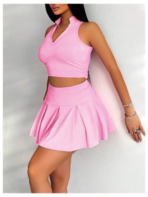 Women's Summer 2 Piece Outfits Half Zip Crop Tank Tops and Mini Pleated Skirt Set