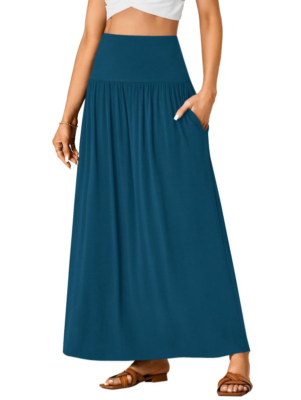 Women's Casual Elastic High Waist Flowy A-line Pleated Long Maxi Skirt with Pockets