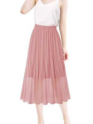 Women's Pleated Skirt Chiffon Elastic Waist A-Line Midi Length Skirt