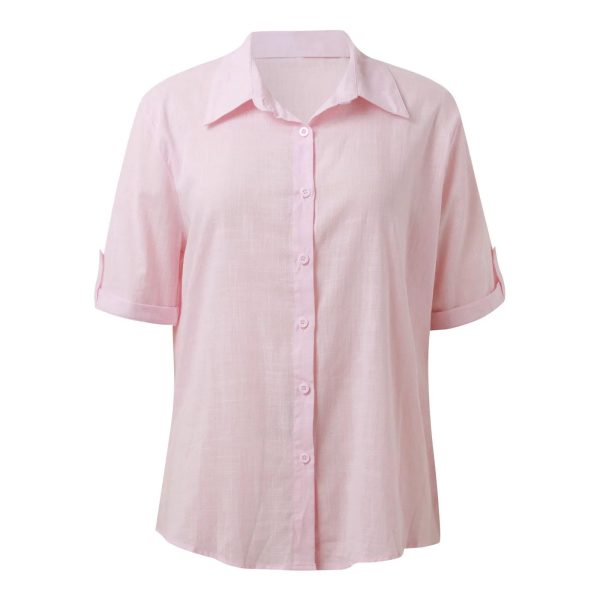 Women Button Down Cotton Shirt Rolled Cuffed Short Sleeve Blouses Casual V Neck Beach Shirts Solid Color Top
