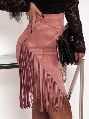 Fringe Suede Skirt for Women High Waisted Tassel Short Mini Skirt