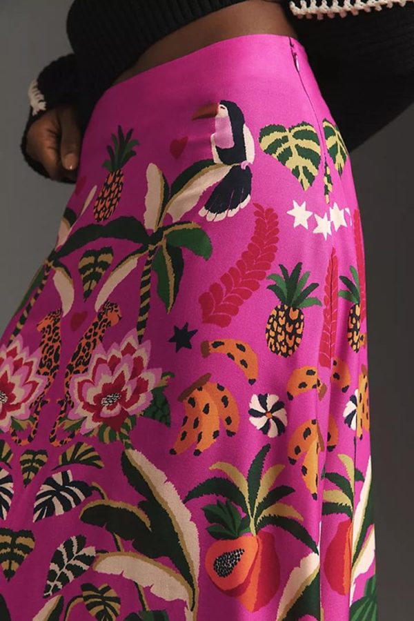 Womens Skirt Midi Skirt Tropical Plant Print Pink Zipper A-Line Long Skirts Spring Summer Skirt Floral