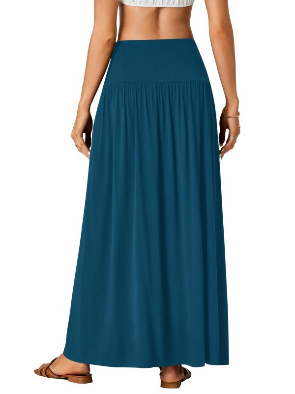 Women's Casual Elastic High Waist Flowy A-line Pleated Long Maxi Skirt with Pockets