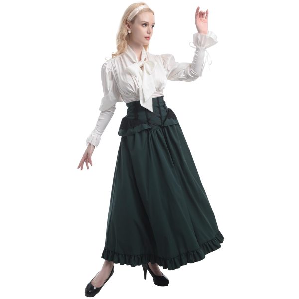 Victorian Dress Costume Women Medieval Vintage Edwardian Blouse Maxi Skirt Set
