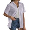 Women Button Down Cotton Shirt Rolled Cuffed Short Sleeve Blouses Casual V Neck Beach Shirts Solid Color Top
