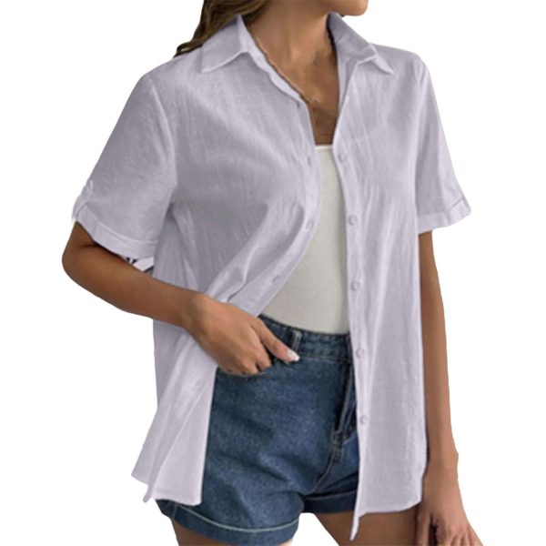 Women Button Down Cotton Shirt Rolled Cuffed Short Sleeve Blouses Casual V Neck Beach Shirts Solid Color Top