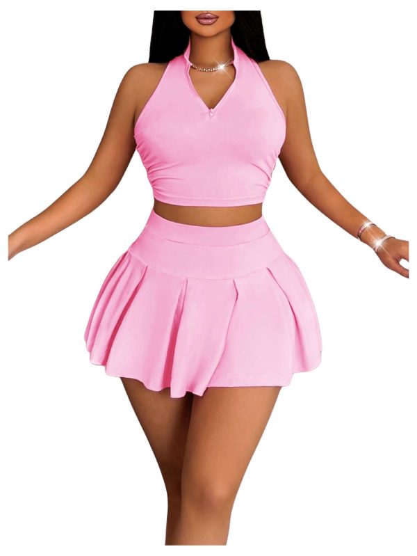 Women's Summer 2 Piece Outfits Half Zip Crop Tank Tops and Mini Pleated Skirt Set