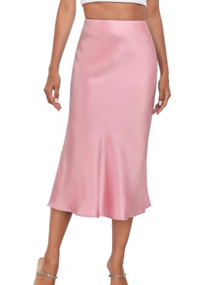 Women's Silk Satin Midi Skirts High Waist Elastic Ruffle Elegant A Line Elegant Casual Slit Party Skirt