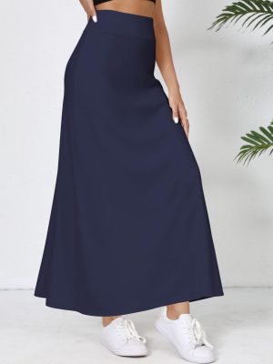Elastic Waist A-Line Long Maxi Skirt Below Knee for Women Spring Summer