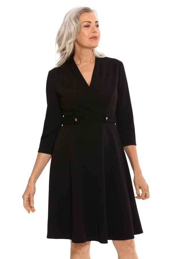 Women's Crepe Fit and Flare Midi with Waist Button Detail
