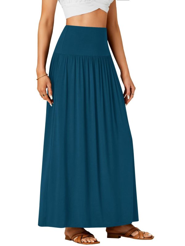 Women's Casual Elastic High Waist Flowy A-line Pleated Long Maxi Skirt with Pockets