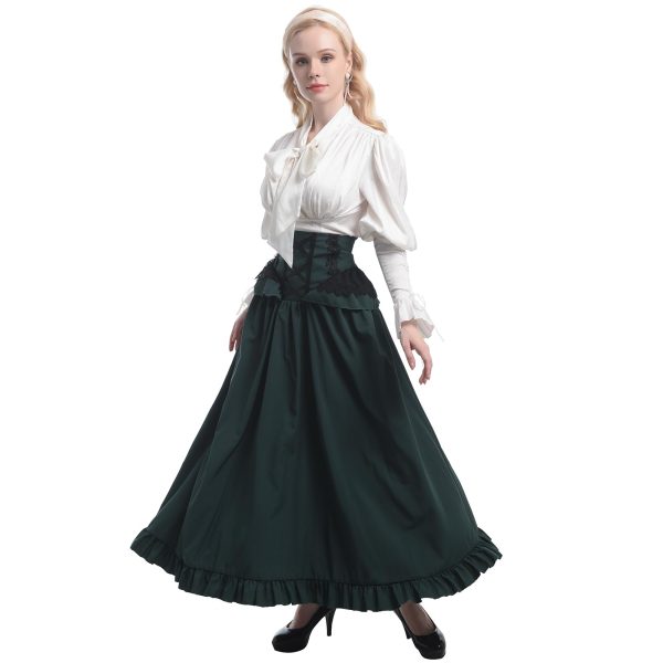 Victorian Dress Costume Women Medieval Vintage Edwardian Blouse Maxi Skirt Set