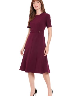 Women's Short Sleeve Crepe Fit and Flare Midi with Waist Button Detail