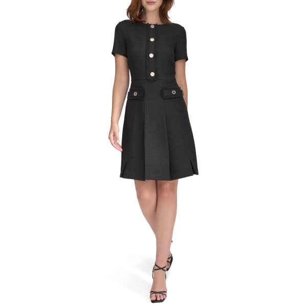 Women's Soft Hand Boucle Short Sleeve Button Front A-line Dress