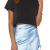 Women's Satin Silky Lace Trim Split Slit Hem Zipper High Wasit Mini Short Skirt
