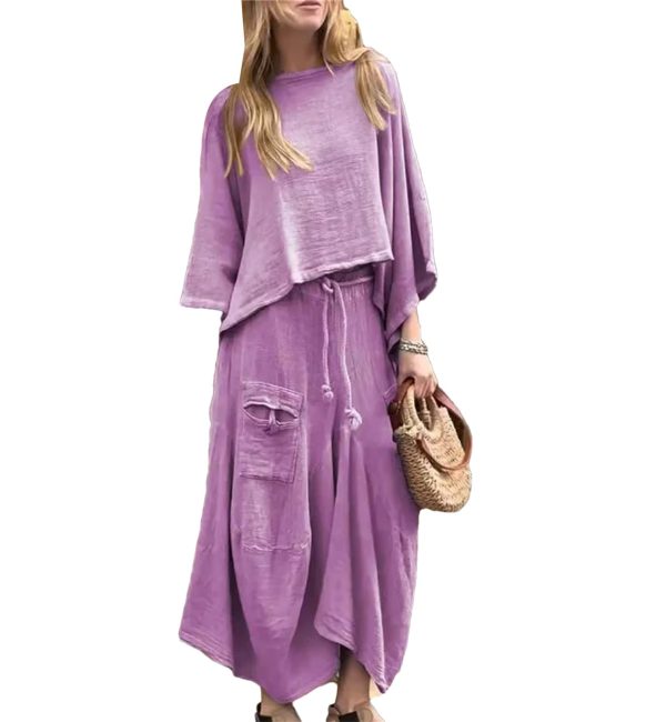 Women’S Cotton Linen Two-Piece Set O-Neck Pullover Belted Irregular Skirt Spring Outfit