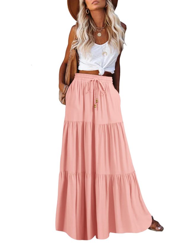 Women's Summer Boho Maxi Skirt A-Line Flowy Ruffle Tiered Elastic High Waist Beach Long Skirts with Pockets