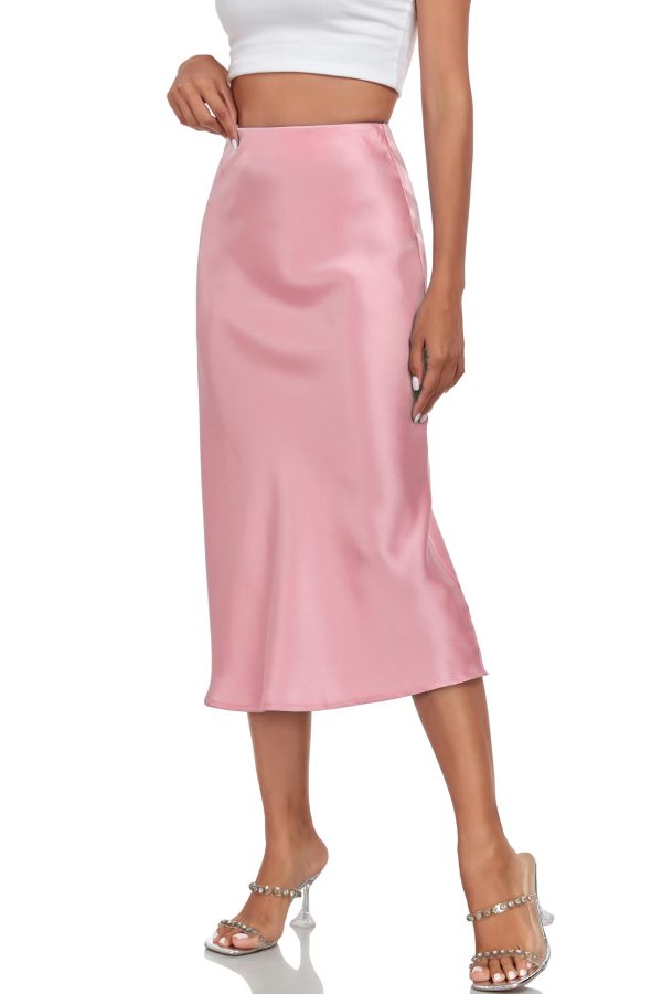 Women's Silk Satin Midi Skirts High Waist Elastic Ruffle Elegant A Line Elegant Casual Slit Party Skirt