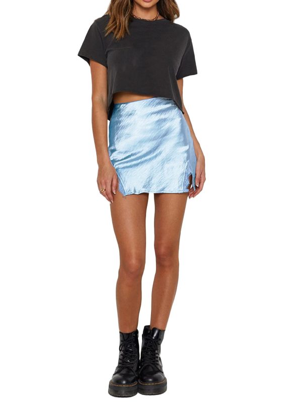 Women's Satin Silky Lace Trim Split Slit Hem Zipper High Wasit Mini Short Skirt